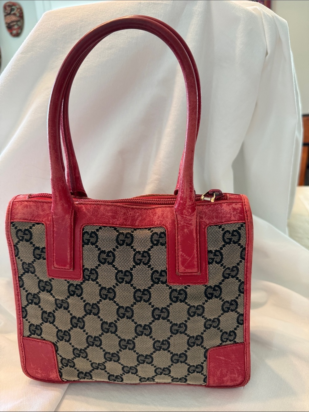 Gucci Beige Monogram Canvas Satchel with Red Trim